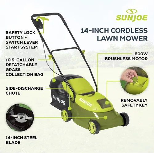 Miniatura 3 de Sun Joe Cortacésped inalámbrico con empuje eléctrico con bolsa de 10.6 galones, ancho de corte de 14 pulgadas, verde - Cortadora de césped
