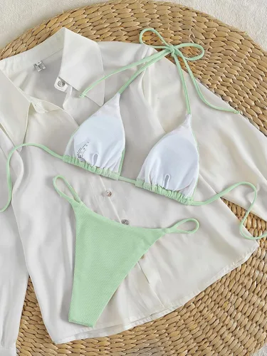 Miniatura 2 de MakeMeChic Conjunto de bikini de 2 piezas con cuello halter y triángulo para mujer, corte alto, traje de baño