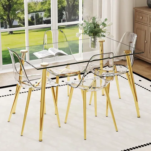 Miniatura 21 de Juego de mesa de comedor de vidrio Ebullient para 4, mesa de 51" de vidrio templado transparente con patas de metal negro y 4 sillas de acrílico