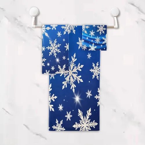 Miniatura 4 de Juego de 3 toallas de baño de copos de nieve azules y blancos de invierno, juego de 3 toallas de mano de Navidad, toallas de mano de baño, toalla