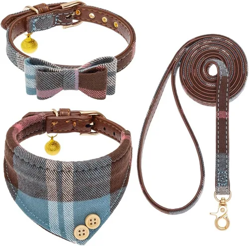 Miniatura 23 de EXPAWLORER Juego de collar y correa para perro - Corbata de moño clásica a cuadros para perro y collar bandana para perro con campana, correa