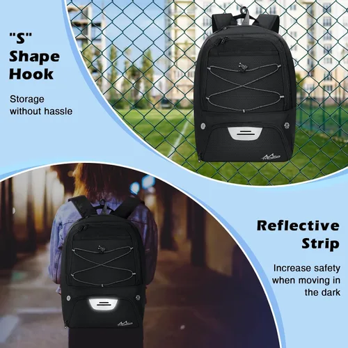 Miniatura 5 de MoKo Mochila de baloncesto con gancho, mochila grande de voleibol y fútbol, bolsa de gimnasio con compartimentos separados para pelotas y zapatos