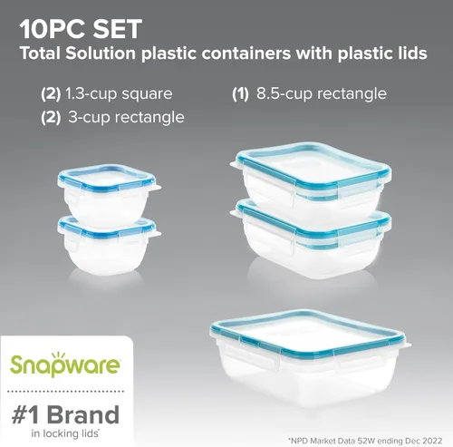 Miniatura 2 de Snapware Plastic Total Solution - Juego de 5 recipientes de almacenamiento de alimentos, tapas de plástico herméticas y a prueba de fugas, tapas