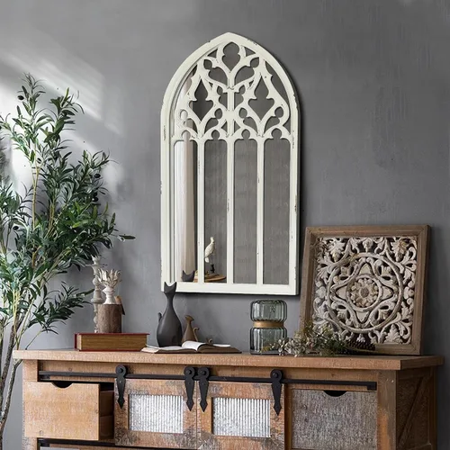Espejo de ventana con arco gótico vintage, decoración de pared de catedral blanca envejecida para sala de estar, entrada o dormitorio, acento