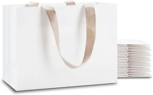 Miniatura 15 de Bolsas de regalo blancas con asas, 10 bolsas pequeñas de papel blanco de 5.25 x 3.75 x 8 pulgadas con asas de cinta, bolsa de compras de papel kraft