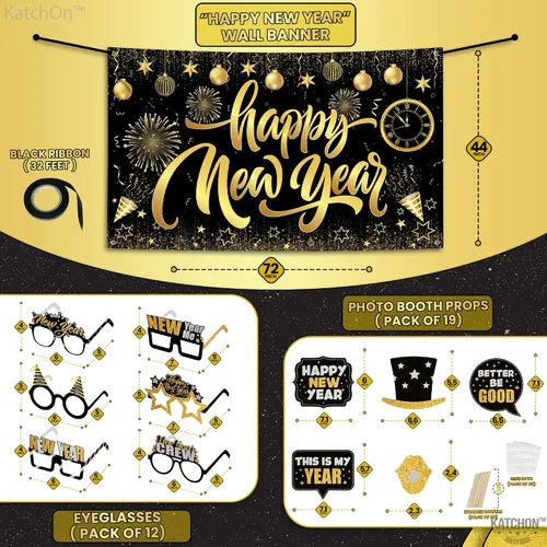 Miniatura 3 de KatchOn, Suministros para fiesta de Año Nuevo 2026 – Paquete de 32 Cartel de Feliz Año Nuevo, accesorios de cabina de fotos de NYE