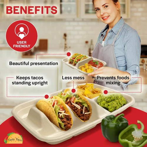 Miniatura 2 de Platos desechables para tacos para 2 tacos y 2 guarniciones – PACK de 50 Platos de papel premium con divisores, soporte para tacos de fiesta