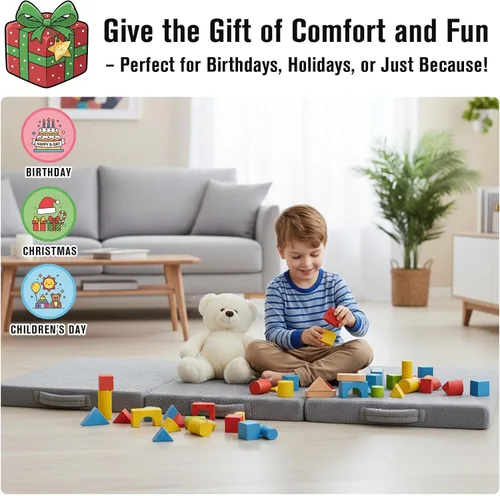 Miniatura 7 de Tiita Colchón de suelo plegable para niños, futón de felpa o tapete de suelo con bolsa de almacenamiento, tapete para siesta de piso para niños