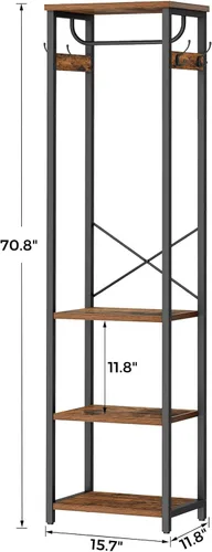 Miniatura 3 de Perchero con Barra para Colgar, Estante para Ropa con 3 Estantes de Madera y 4 Ganchos, Árbol de Pasillo Independiente, Organizador de Perchero