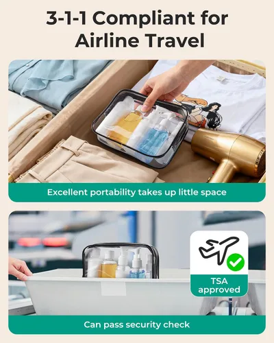 Miniatura 4 de BAGSMART Paquete de 7 bolsas de aseo transparentes con juego de botellas de viaje recargables, bolsa de aseo de viaje aprobada por la TSA, repelente