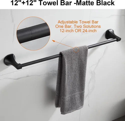 Miniatura 2 de BGL Juego de accesorios de baño, barra de toalla extensible ajustable negro mate, juego de accesorios de baño de 4 piezas, soporte para papel