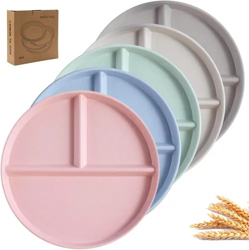 Miniatura 7 de LRUUIDDE Juego de 5 platos de cena divididos irrompibles, platos de paja de trigo sin BPA de 9 pulgadas, placa de control de porciones, platos Lindo