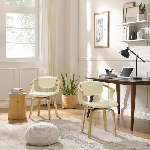 Miniatura 6 de Art Leon Silla de escritorio sin ruedas, silla giratoria moderna de mediados de siglo, silla de escritorio de piel sintética para espacios pequeños