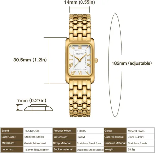 Miniatura 4 de Relojes para mujer, pulsera vintage, esfera romana, caja rectangular, reloj dorado, impermeable, con herramientas