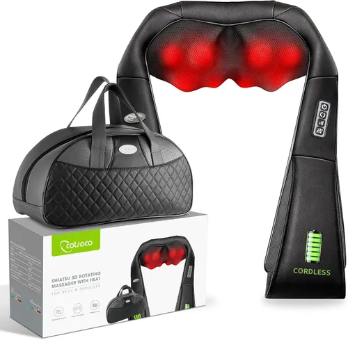 cotsoco Masajeador Shiatsu inalámbrico de cuello y hombros con calor, masajeadores portátiles para cuello y espalda, masajeador de espalda de