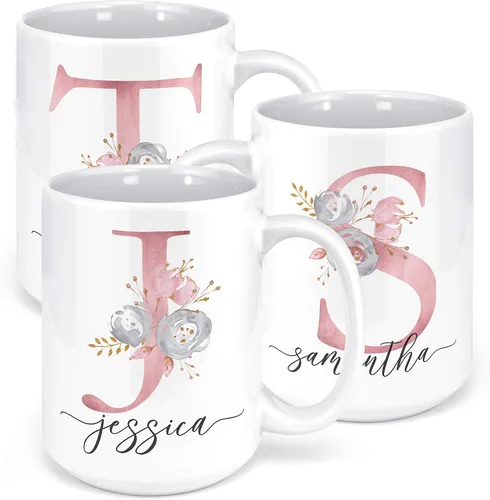 Miniatura 8 de Taza de café personalizada, regalo para mujeres, taza de café personalizada con nombre e inicial, 11 onzas, rosa, taza de cerámica personalizada
