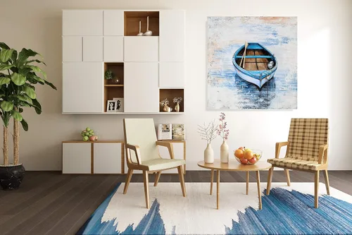 Miniatura 6 de YHSKY ARTS Lienzo decorativo para pared de bote de remos azul sereno: calma costera para la decoración de tu hogar