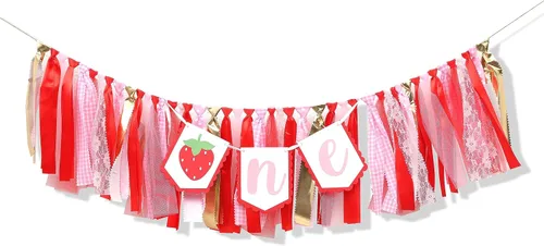 Miniatura 6 de Decoraciones de fiesta de fresa para primer cumpleaños, cartel de fresa para silla de bebé para accesorios de cabina de fotos y telón de fondo