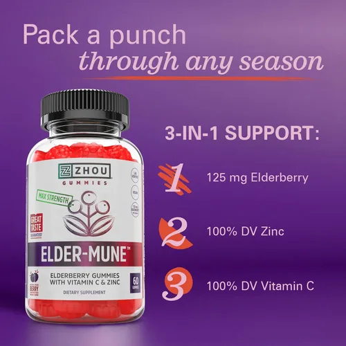 Miniatura 4 de ZHOU Elder-Mune Gomitas de Saúco - Saúco Negro, Vitamina C y Zinc, Suplemento Diario de Apoyo Inmunológico para Mujeres y Hombres, Masticables