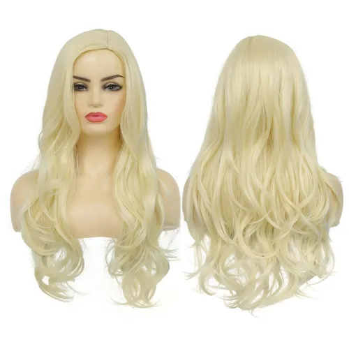Miniatura 20 de Peluca larga rizada ondulada roja para mujer, raya lateral, aspecto natural, fibra sintética para cosplay, resistente al calor, cabello de reemplazo