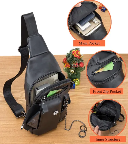 Miniatura 6 de BULLCAPTAIN Bolso bandolera de cuero genuino para hombre bandolera con soporte para teléfono celular cadena en el pecho mochila de hombro XB-520 M