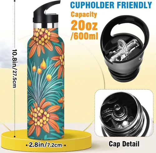 Miniatura 2 de Tropical Leaf Summer Leak Proof & BPA Free Reusable Water Bottle with Straw Double-Wall Vacuum Insulation for Gym Sports 20 oz termo para agua acero