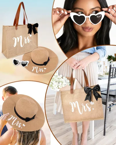 Miniatura 6 de Percozzi Wifey Bride Tote Bag Sun Hat Glasses Set Bride-To-Be Shower Gift Honeymoon Jute Bag Kit multicolor/fantasía (MRS)