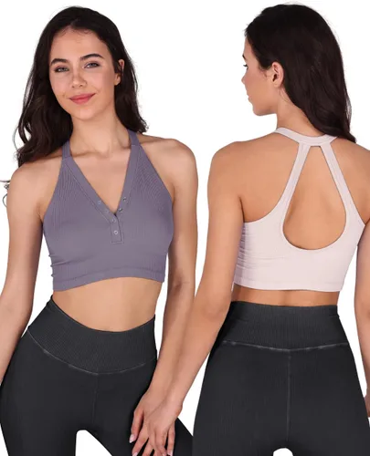 Miniatura 2 de ODODOS Paquete de 2 camisetas cortas sin costuras Henley para mujer, con espalda abierta, acanalada, con botones