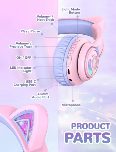 Miniatura 5 de iClever Cat Ear - Auriculares Bluetooth para niños, luces LED que se iluminan, volumen seguro limitado de 74/85 dBA, tiempo de reproducción de 50
