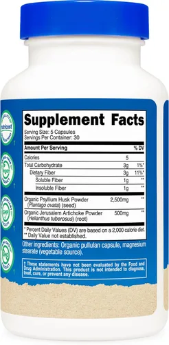 Miniatura 5 de Cápsulas de fibra Nutricost con suplemento de fibra prebiótica 150 cápsulas - Suplemento certificado CCOF, hecho con cáscara de psyllium orgánica