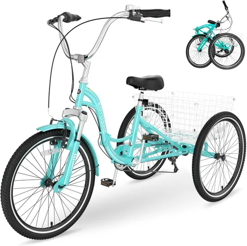Miniatura 9 de H&ZT Triciclo para adultos, bicicleta de 3 ruedas, triciclo crucero, con cambio de 7 velocidades, manilla de freno de estacionamiento, paso bajo