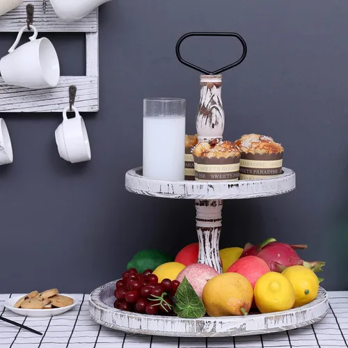 Miniatura 5 de Bandeja escalonada Bandejas de dos niveles Soporte redondo rústico para magdalenas, soporte para servir pasteles con asa para sala de estar, fiesta