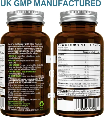 Miniatura 6 de Pure & Essential Omega-3 y D3 1000iu, rTG de acción rápida, soporte para ojos, corazón y función cerebral, 1 al día, aceite de pescado silvestre