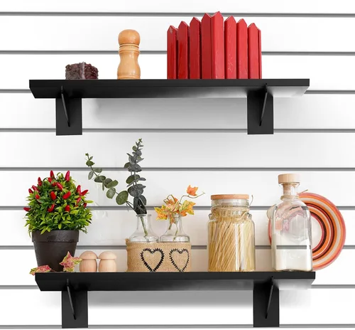 Miniatura 2 de Paquete de 3 estantes de madera con listones de pared de 15.7 x 6 pulgadas, estantes de pared con soportes de metal, accesorios organizadores