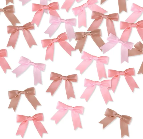 Miniatura 4 de Meseey 50 lazos de satén preatados de oro rosa polvoriento, de 2.5 pulgadas, para bolsas de golosinas, envoltura de regalos, boda, baby shower, Rosa