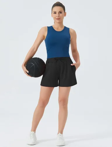 Miniatura 6 de THE GYM PEOPLE Pantalones cortos deportivos con cordón para mujer, cintura alta, pantalones cortos de entrenamiento de verano con bolsillos