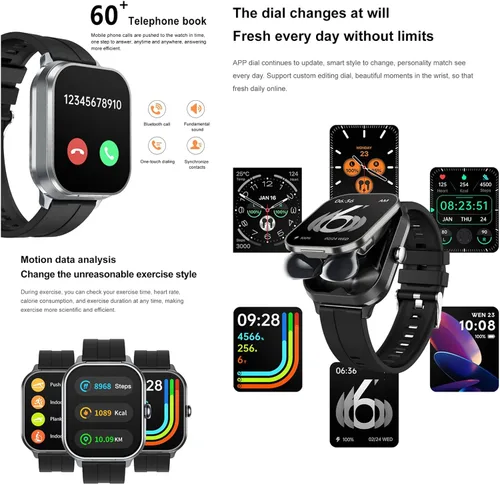 Miniatura 6 de Tuanzi D8Pro - Reloj inteligente TFT de 2.01 pulgadas con audífonos, reloj inteligente TWS, auriculares inalámbricos Bluetooth, monitor de salud