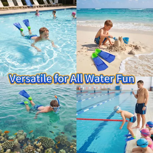 Miniatura 6 de Aletas de Natación para Niños, Aletas Cortas Cómodas para Natación de Vueltas y Entrenamiento para Niños, Niñas, Niños, Principiantes Azul y lima