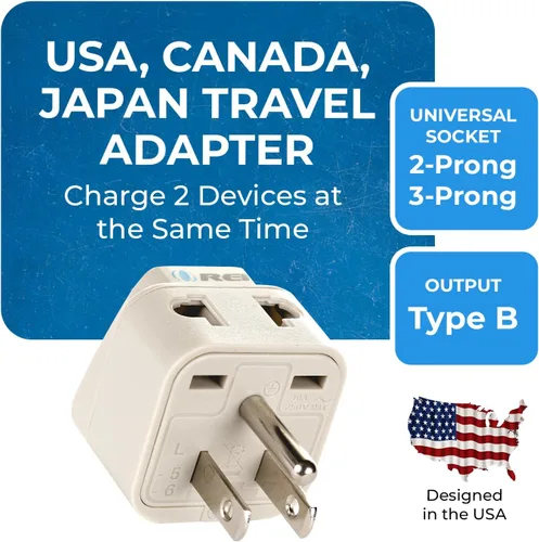 Miniatura 2 de OREI Enchufe adaptador de viaje para Estados Unidos, Japón, Filipinas y más (tipo B) - 2 en 1 - Certificado CE - Cumple con RoHS - Paquete de 2