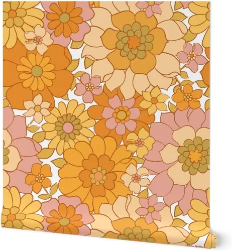 Spoonflower Papel tapiz autoadhesivo de 12 x 2 pies, papel tapiz retro floral blanco vintage de los años 70 Flower Power extraíble