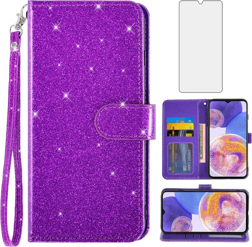 Asuwish Funda de teléfono para Samsung Galaxy A23 5G/4G con protector de pantalla de vidrio templado y cubierta tipo cartera con purpurina, ranura