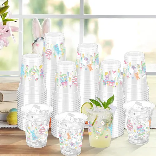 Miniatura 4 de 100 vasos de plástico con diseño de conejo de Pascua, vasos desechables transparentes de 12 onzas para Pascua, primavera, fiestas de cumpleaños