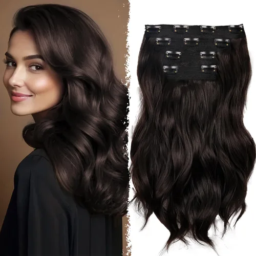 Miniatura 16 de 4 extensiones de cabello sintético con clip, extensiones de cabello rizado de 20 pulgadas de largo con clip (color: marrón medio)