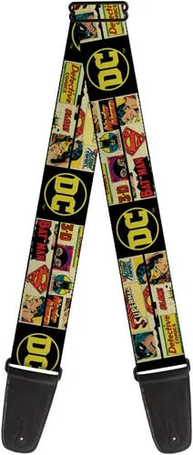 Buckle-Down Correa de guitarra – Vintage DC Comics Superhero y Logos Collage Negro – 2 pulgadas de ancho – 29-54 pulgadas de largo