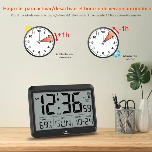Miniatura 5 de WallarGe - Reloj de pared digital atómico, funciona con pilas, autoconfiguración, pantalla grande con temperatura, fecha, día de la semana, reloj