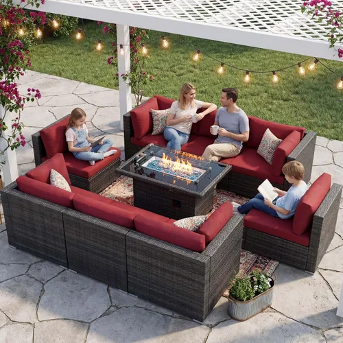 Miniatura 21 de NICESOUL Juego de muebles de patio para exteriores de 7 piezas con mesa para hoguera, gas natural y propano convertible, respaldo alto de 29.3