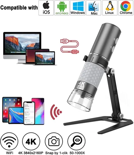 Miniatura 2 de Microscopio digital de mano Jiusion WiFi USB, endoscopio de aumento inalámbrico de 50 a 1000x, cámara 4K 3840x2160P, 8 LEDs con soporte de metal Gris