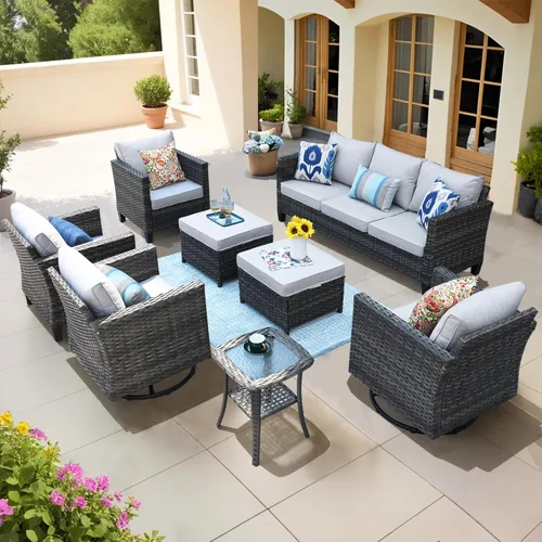 Miniatura 22 de ovios Juego de muebles de patio de 8 piezas, sofá de mimbre para exteriores con sillas giratorias, mecedora con cojines cómodos, juego de Beige
