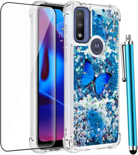 Funda para Moto G Play 2023, Moto G Pure/G Power 2022 con protector de pantalla, para mujeres y niñas, con purpurina líquida, flotante, linda funda