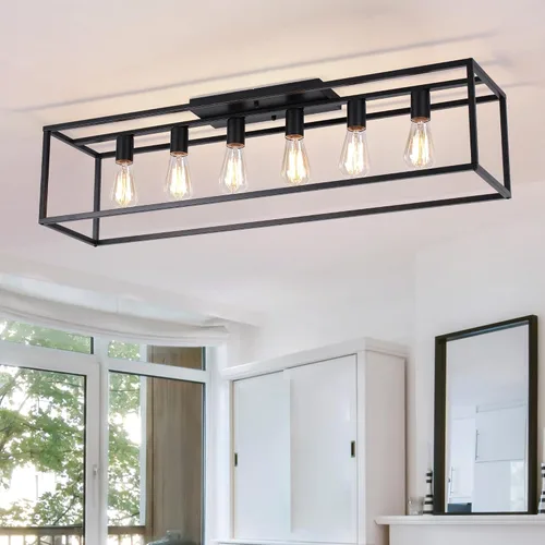 Garwarm Lámpara de techo rectangular de montaje empotrado de 6 luces, lámpara de araña negra enjaulada de metal de 38 pulgadas, lámpara de techo